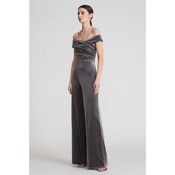 Halston Off the Shoulder Wren Steel Velvet Jumpsuit Ruched Wide Leg Size 4 NWOT - Picture 4 of 13